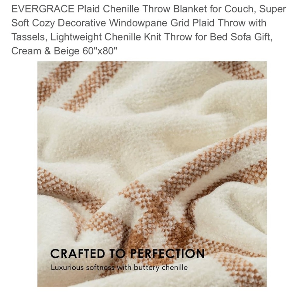 Cream and Beige Plaid Chenille Throw Blanket
